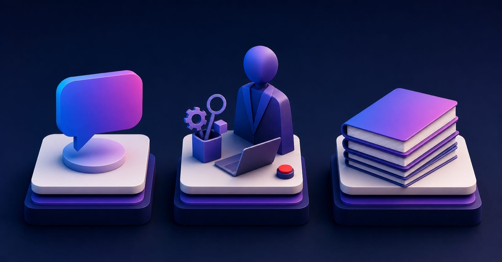 聊天 AI、AI Agent、Agent Skill 三者並排比較:對話泡泡、會做事的員工、一疊作業手冊