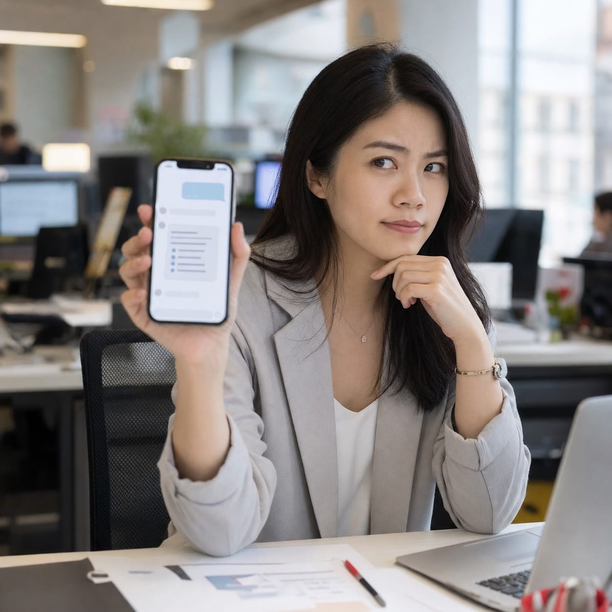 行銷主管拿著手機看 AI 模式給的清單型答案，表情半信半疑