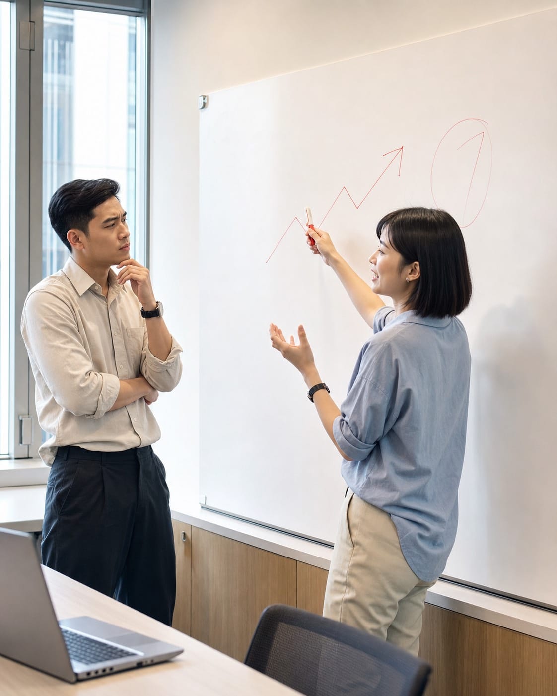 兩位同仁在白板前討論,一人畫著上升趨勢線與圈起的數字,另一人若有所思