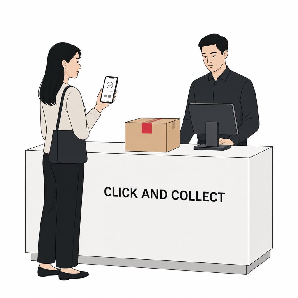 顧客在門市取貨櫃檯出示手機上的訂單畫面,店員在另一側查詢系統