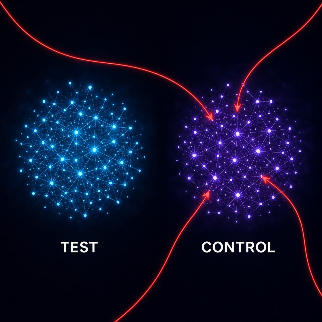 測試組與對照組兩個節點群並列，四道紅色箭頭從外部竄入對照組，示意觀察窗拉長時的污染路徑