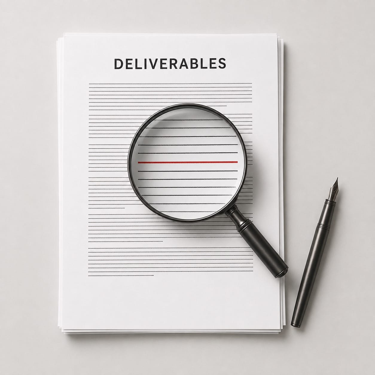 一份標題為 DELIVERABLES 的合約平放桌面,放大鏡下有一行被標紅的條款,旁邊放著鋼筆,象徵簽約前逐條確認交付物