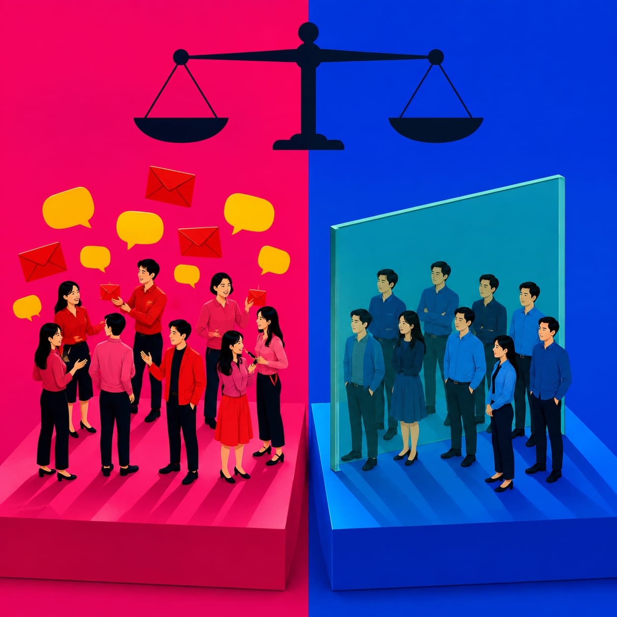 holdout 對照組概念插畫:一組人收到訊息,另一組隔在透明牆後不接觸