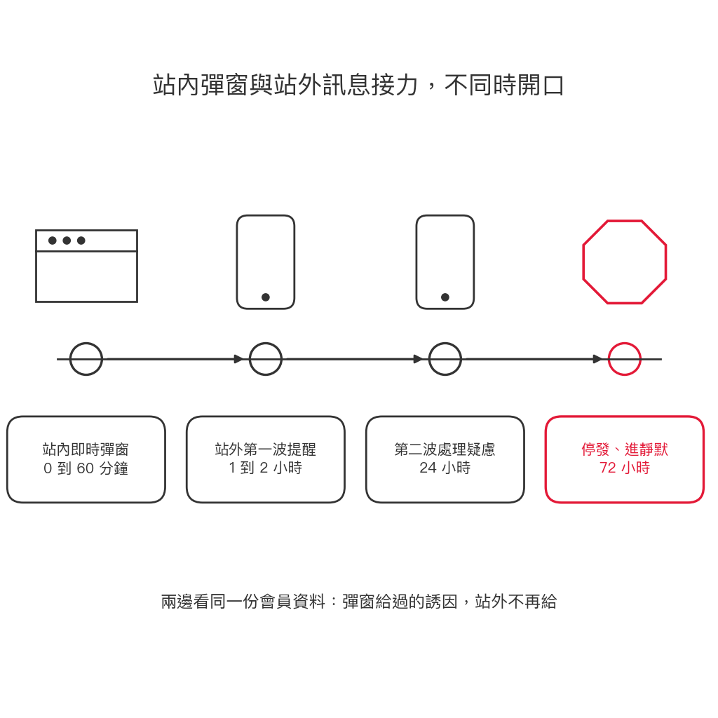 站內彈窗與站外訊息的接力時間軸:0 到 60 分鐘站內彈窗、1 到 2 小時第一波、24 小時第二波、72 小時停發