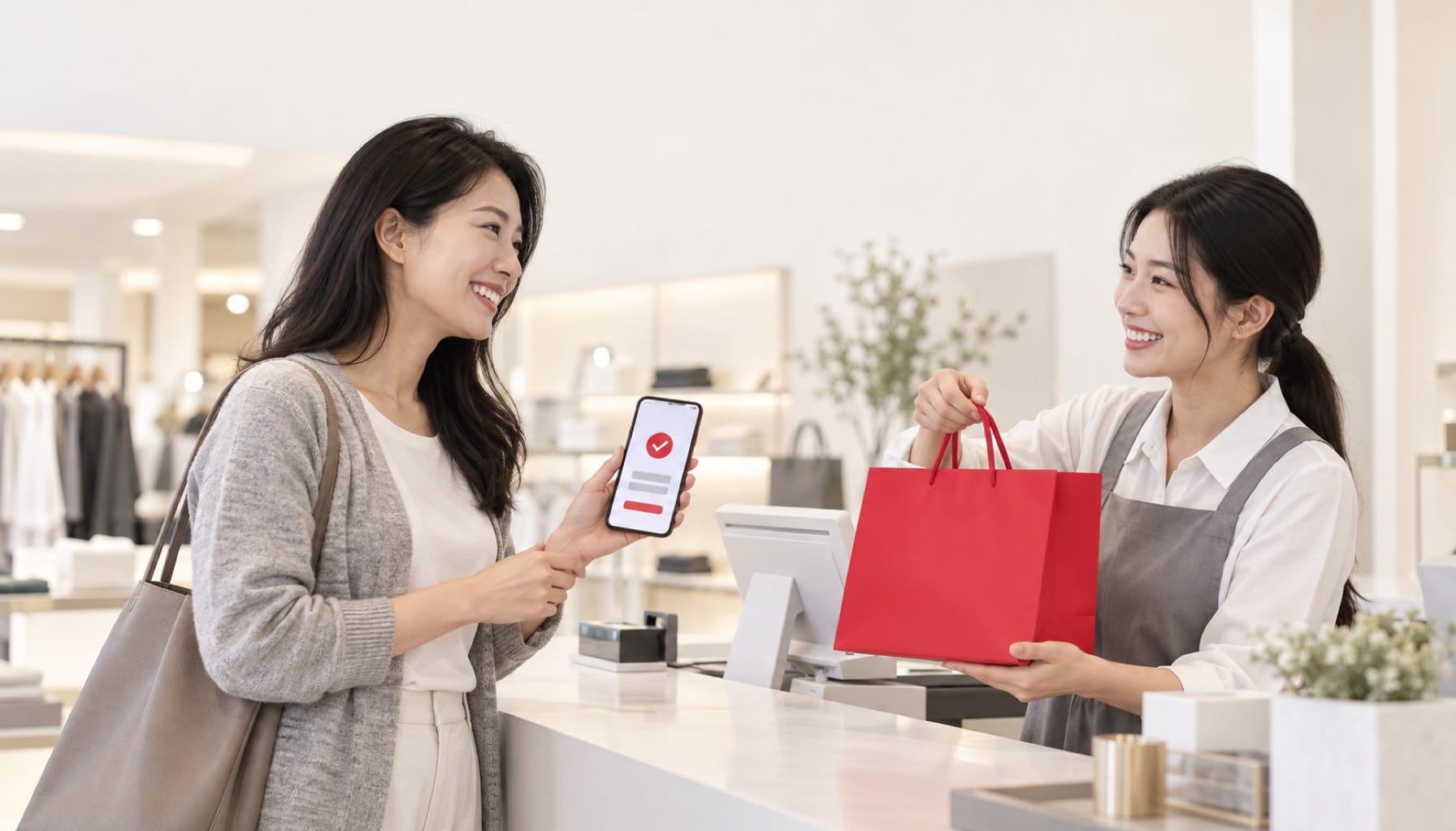 顧客在門市櫃檯出示手機上的訂單畫面，店員遞上購物袋