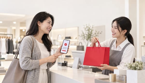顧客在門市櫃檯出示手機上的訂單畫面，店員遞上購物袋